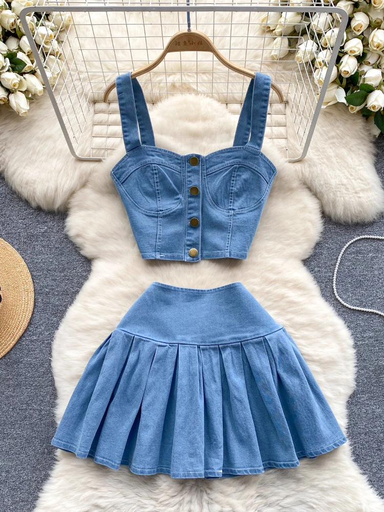 

Summer Female Chic Retro Suits Strap Button Elasticity Short Tank + Pleated Mini Skirt Outdoor Sexy Hotsweet Denim 2 Piece Set