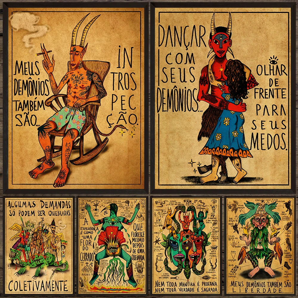

The Demon Of Reflection And Learning Vintage Wall Art Canvas Print,Funny Pagan Witchcraft Illustrations Art Poster Print Decor