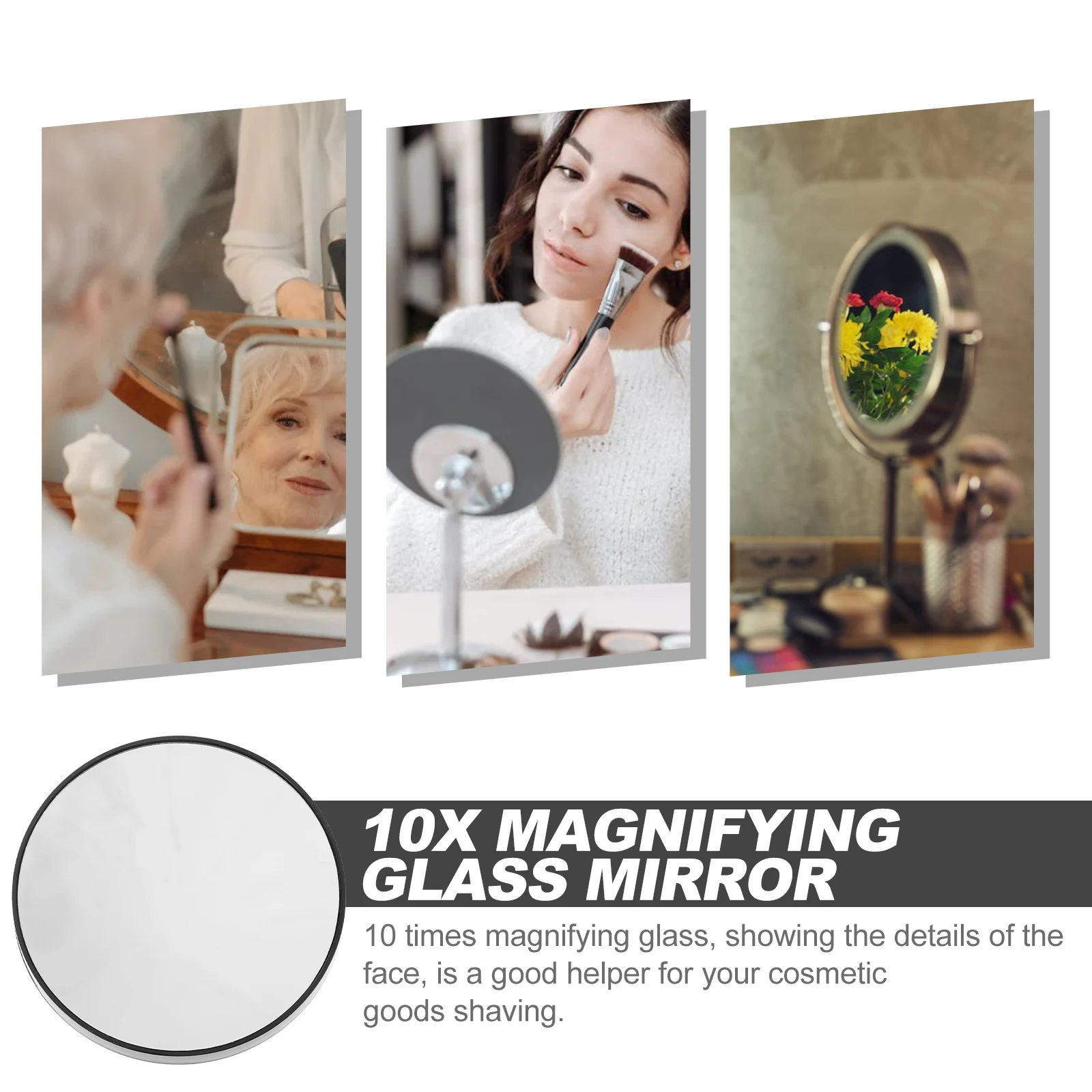 Espelho de ampliação 10x de 8.8cm, tamanho compacto, fácil de transportar, ferramenta de maquiagem para viagem, ventosas para banheiro, espelho de maquiagem compacto preto