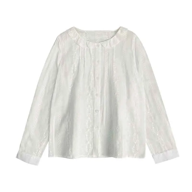 Flower Embroidery Blouses Lace Trim O-Neck Long Sleeve Blouse Spring Vintage Female Elegant Casual French Shirts Women Clothes