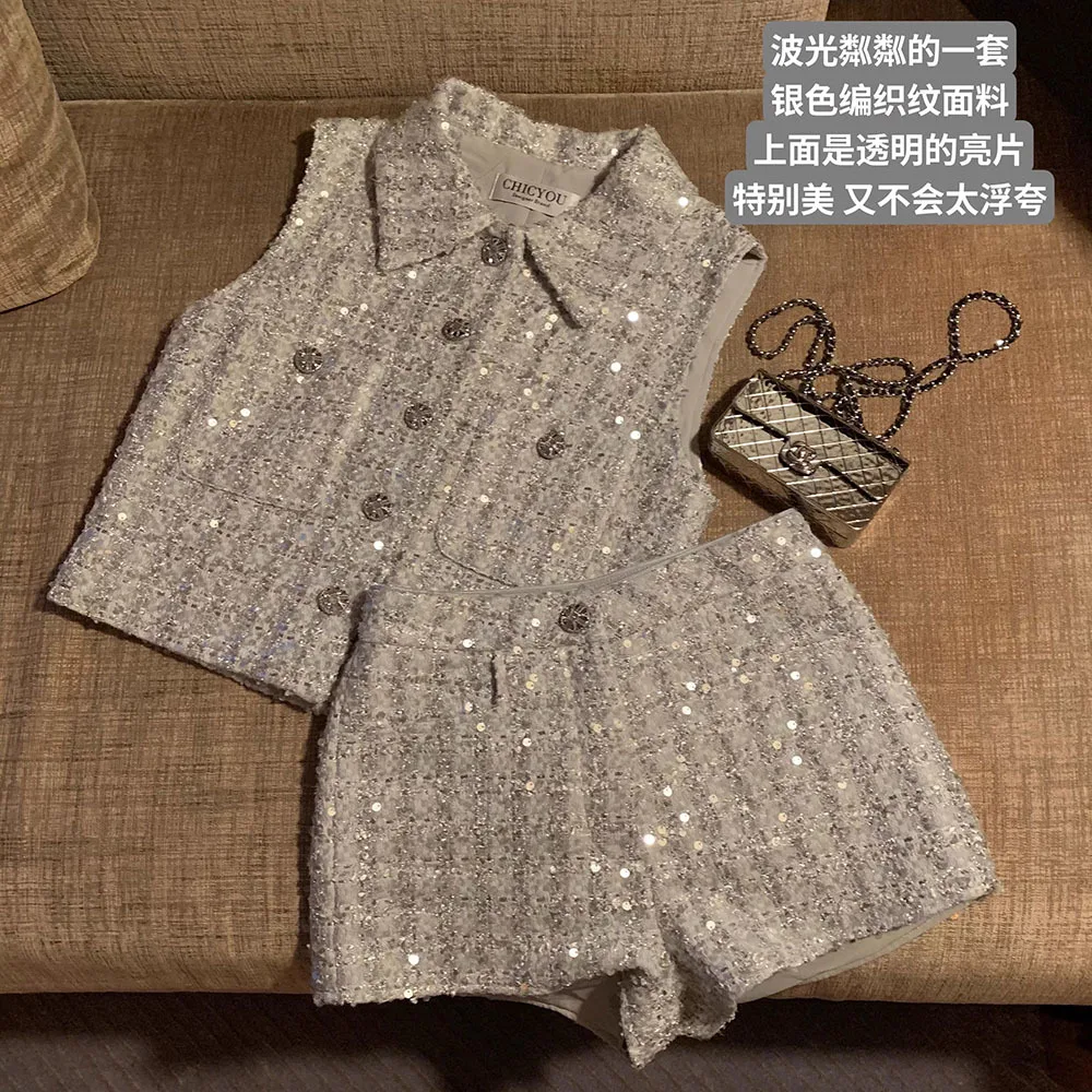 Korean Elegant Small Fragrance Wind 2 Piece Suit Women Outfit Laper Vest Tops + Short Set Summer Sweet Tweed Two Piece Pant Sets