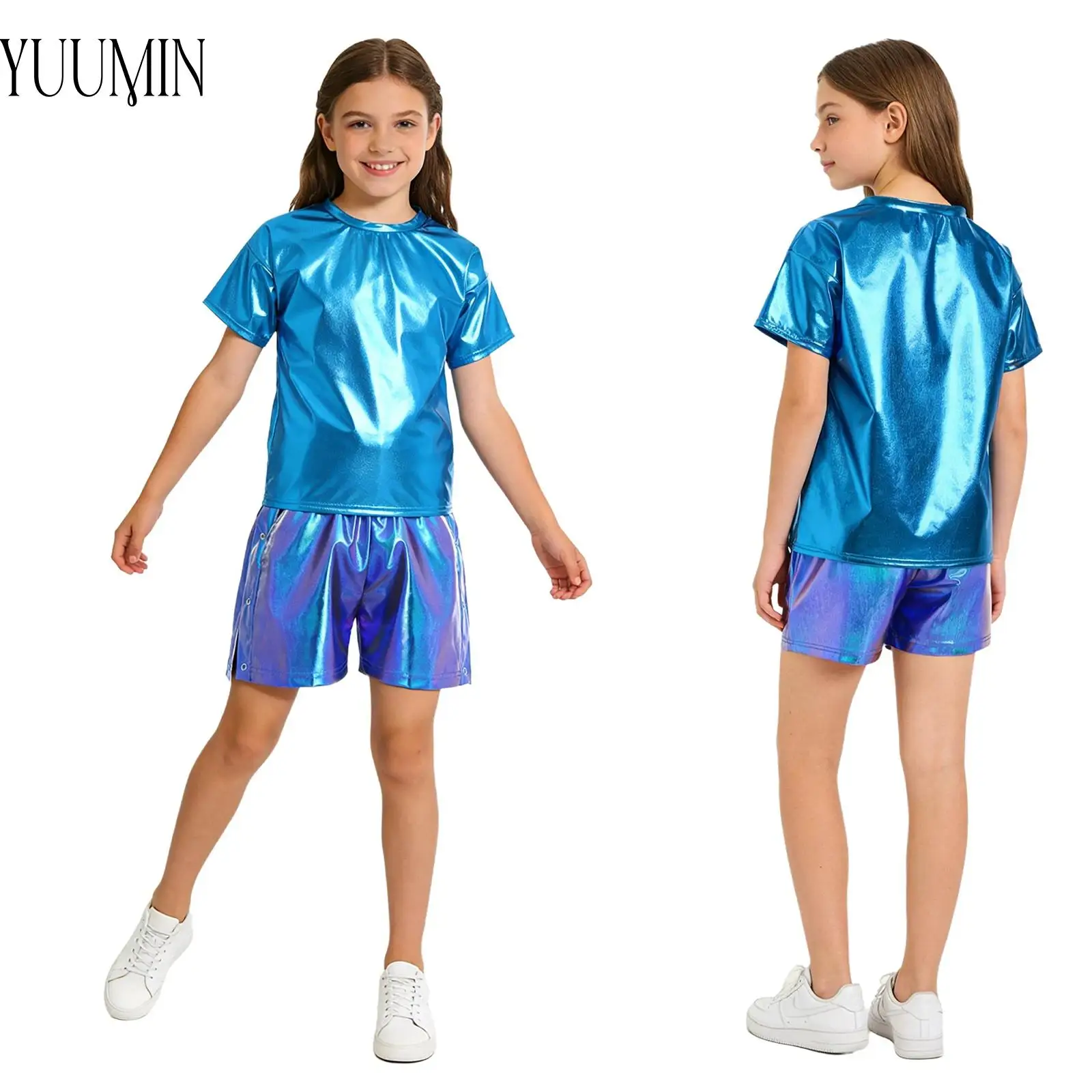 

Kids Girls Boys Jazz Dance Sets Carnival Party Hip Hop Dance Performance Costume Short Sleeve Metallic T-shirt with Shiny Shorts