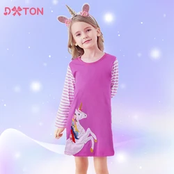 DXTON Unicorn Girls Dress Striped Long Sleeve Toddlers Casual Dress Applique Cartoon Kids Costumes Winter Cotton Kid Dress 2-12Y