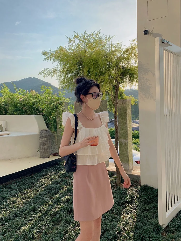 

Модная корейская розовая юбка А-силуэта с высокой талией для женщин, летняя, укороченная, универсальная, для стройности, средней длины