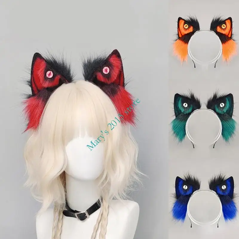 

E15F Animal Wolf Ear Hairband With Soft Faux Furs Elastic Cosplay Hairhoop For Theme Parties Festival Gathering Dressingup Props
