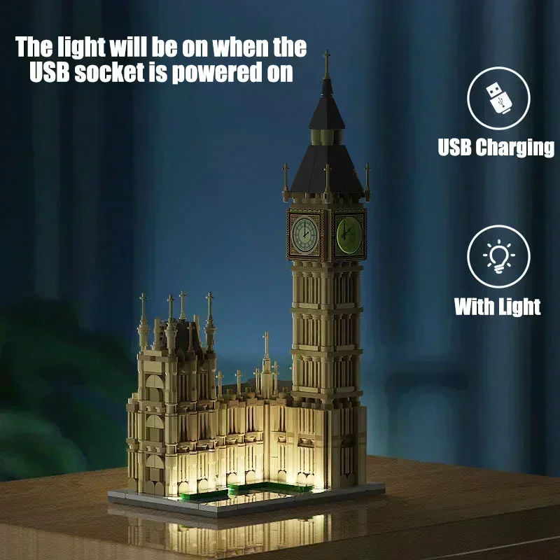 MOC City 815pcs Elizabeth Big Ben Tower Architecture Model Building Blocks With LED Lights Construction Bricks Toys For Kids