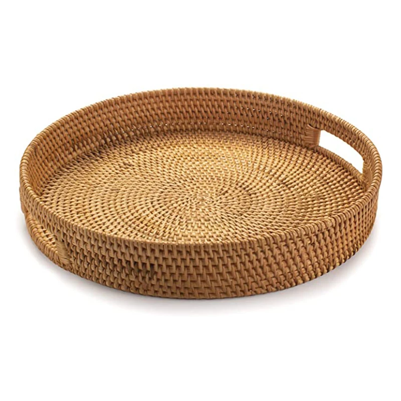 Rattan Round Serving Tray Hand Woven Serving Basket with Cut - Out Handles food tray Wicker Fruit / Bread Serving Basket