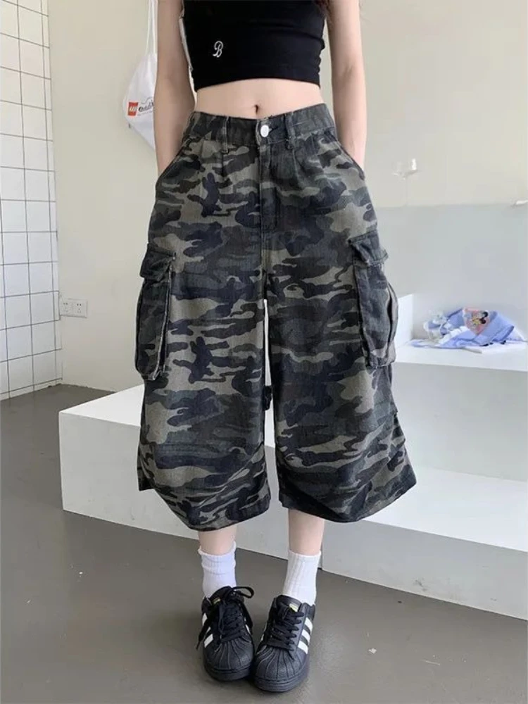 

2025 Vintage Camouflage Wide Leg Pants Women New American Street High Waist Loose Shorts Pants Woman