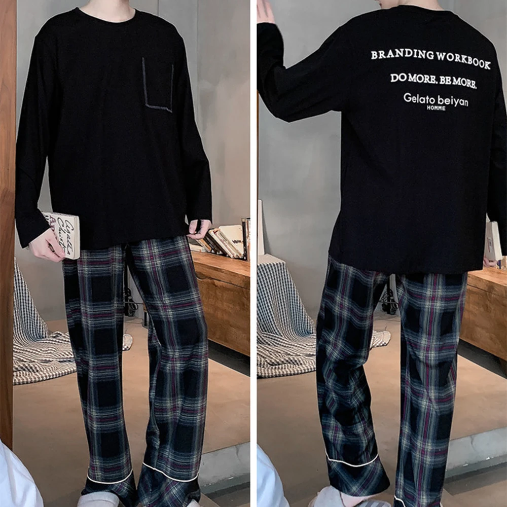 Herren-Pyjama-Set, Baumwolle, Nachtwäsche, schwarz kariert, langärmelige Hose, männliche Homewear, lässige Jugend-Nachtwäsche, Homewear, Loungewear