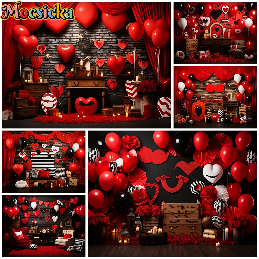 Mocsicka วันวาเลนไทน์การถ่ายภาพพื้นหลังโรแมนติกสีแดงรักบอลลูนครอบครัววันหยุดภาพงานแต่งงานฉากหลังตกแต่งแบนเนอร์
