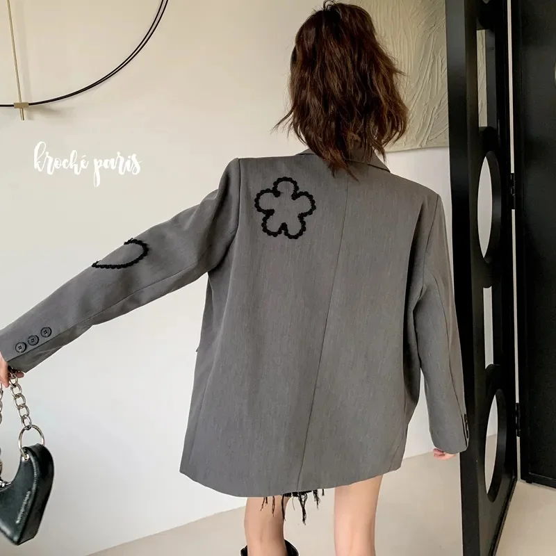 Spring Autumn Grey Suit Jacket Women Three-Dimensional Flower Love Fashion Coat Embroidery Silhouette Blazer Vintage Female