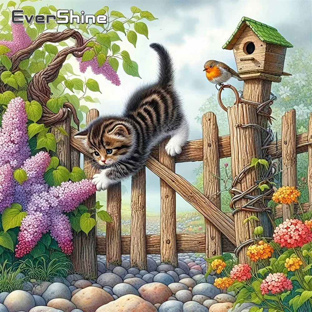 Evershine Diamantmalerei Landschaft Vollquadratische Stickerei Katze Strass-Bild 5D Mosaik Flieder Handgemachtes Hobby