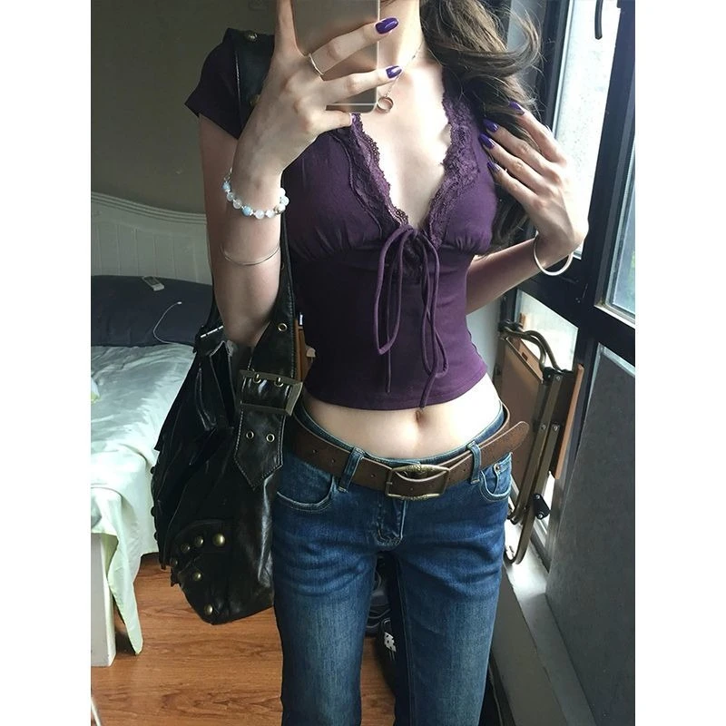 

Y2k Japanese Lace Short T-Shirt Women Casual Deep V-Neck Crop Tops Vintage Streetwear Short Sleeve Fairycore Pure Color 2025