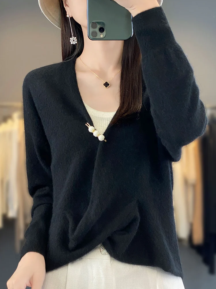100% Merino Wool Sweater New Women V-neck Cross Collar Pullover Spring Autumn Office Lady Clothing Long Sleeve Knitwear Tops