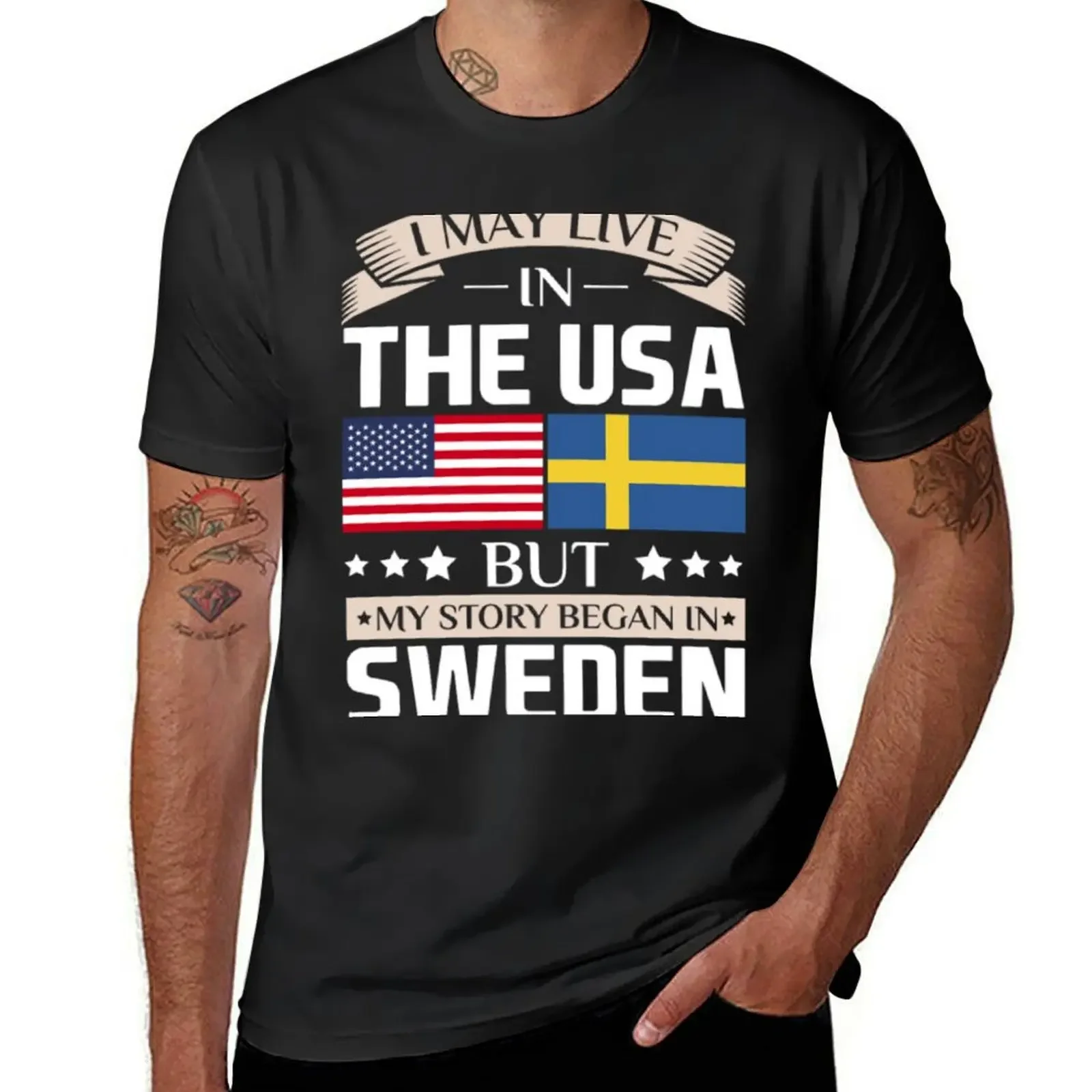 May Live in USA Story Began in Sweden Flag T-Shirt hippie clothes shirts graphic tee men clothes