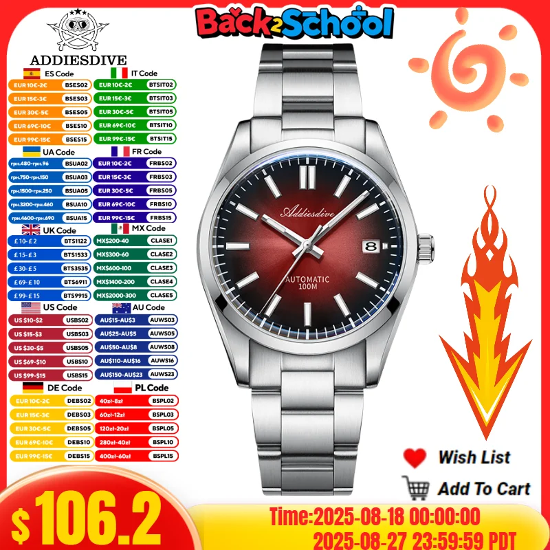 

ADDIESDIVE 39mm Men's Watch 10Bar Waterproof BGW9 Super Luminous Sunburst Dial Sapphire Glass Automatic Mechanical Watch