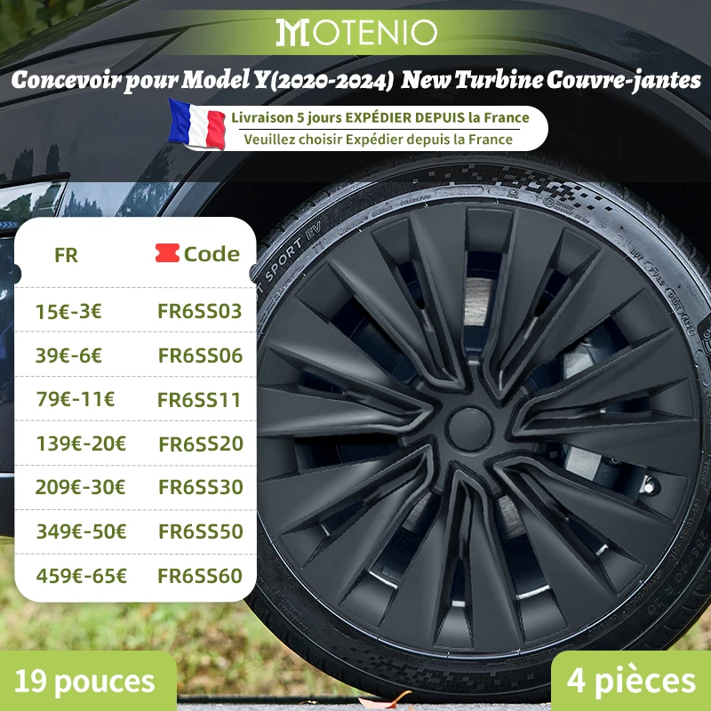 Lot de 4 enjoliveurs style turbine argent et noir 19 pouces pour Tesla Model Y (2020–2024), cache-jantes de remplacement.