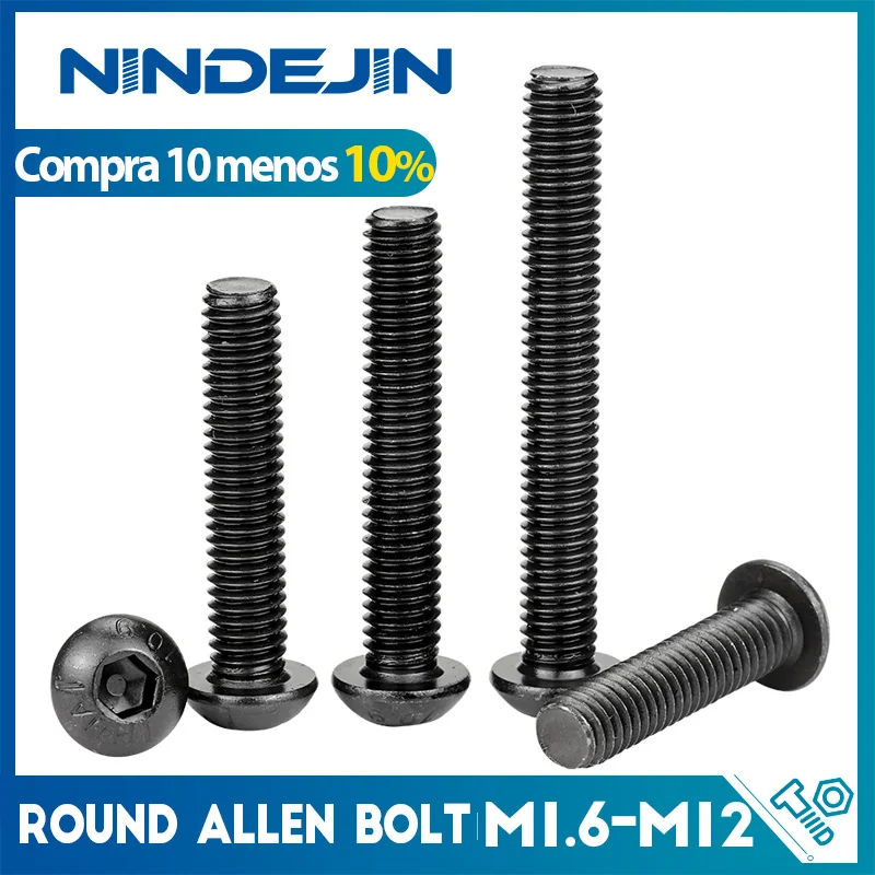 Parafuso de cabeça redonda com botão hexagonal, parafuso allen preto de aço carbono m2 m2.5 m3 m4 m5 m6 m8 m10 m12 para motocicleta