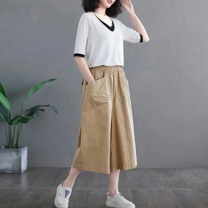 Summer 2024 Women\'s New Spliced Elasticized High-waisted Pocket Solid Color Minimalist Comfortable Casual Loose All-match Capris