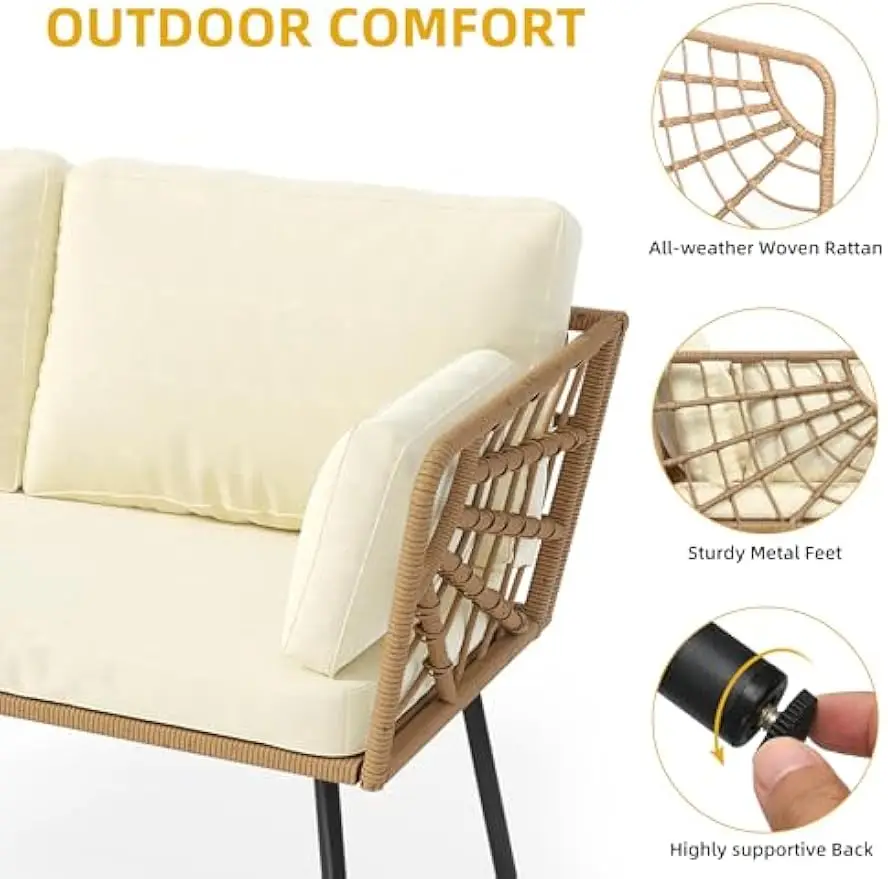 All-Weather Wicker Rattan Pátio Sofá, Pátio Loveseat, Varanda, Varanda, Deck, Mobiliário secional ao ar livre com almofadas