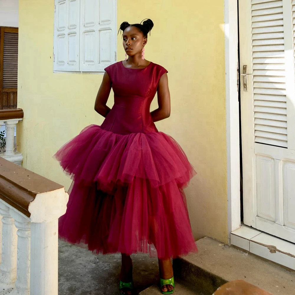 Extra Puffy Burgundy Tulle Prom Ball Gown Dress Unique Ruffles Mesh Tea Length Wedding Guest Dress Fluffy Tulle  Evening Dress