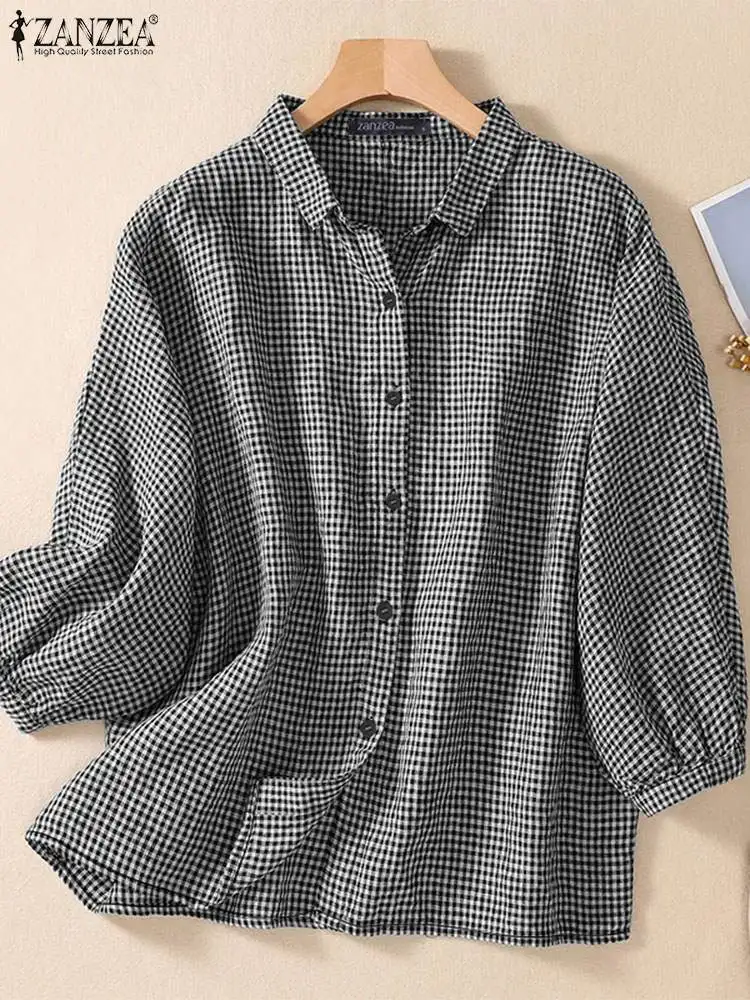 ZANZEA Elegant 3/4 Lantern Sleeve Work Shirt Autumn Women Blouses Casual Buttons Down Tops Vintage Checked Printed Blusas Femme