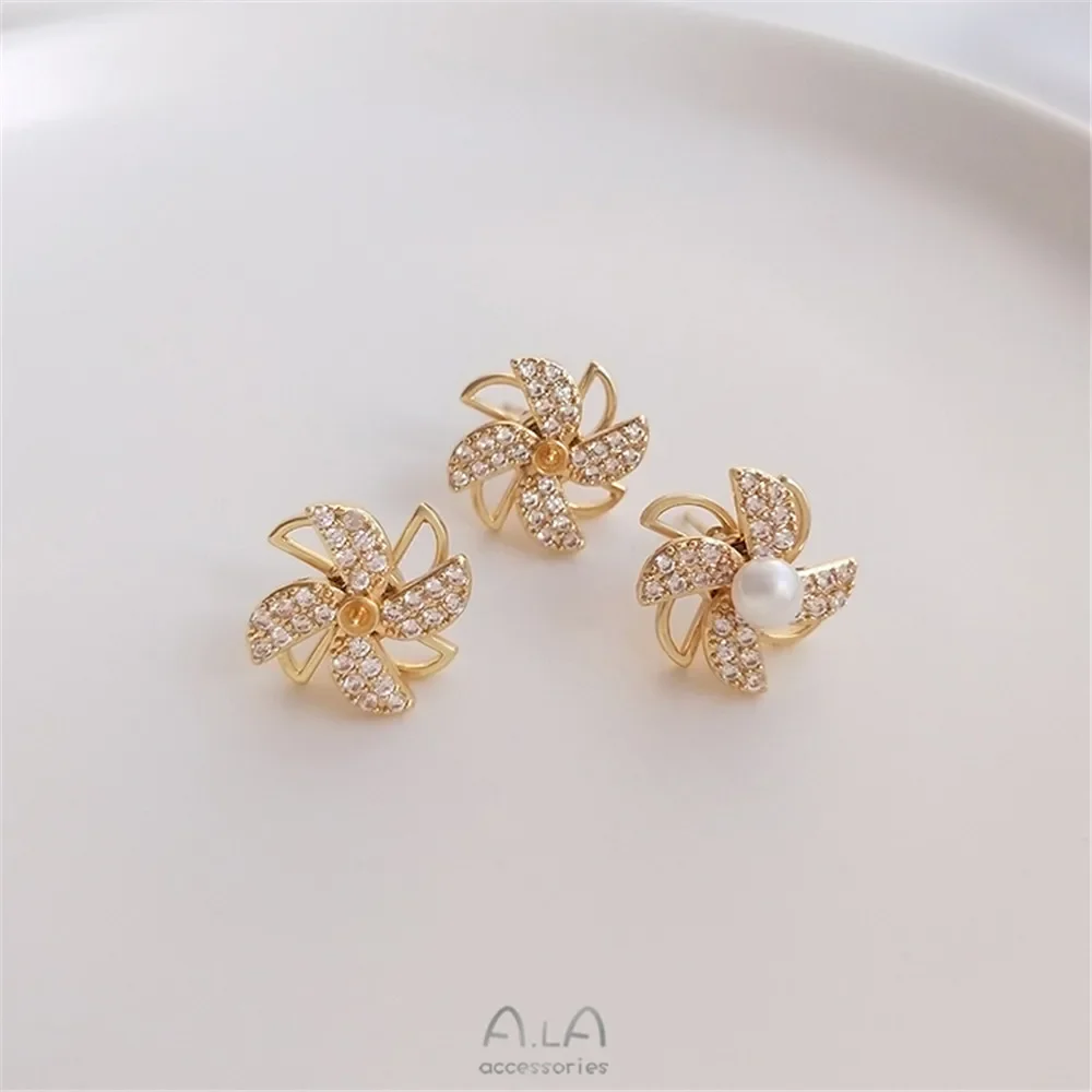 Rotatable windmill ear stud pearl holder 925 silver needle DIY exquisite temperament earrings high sense light luxury earrings