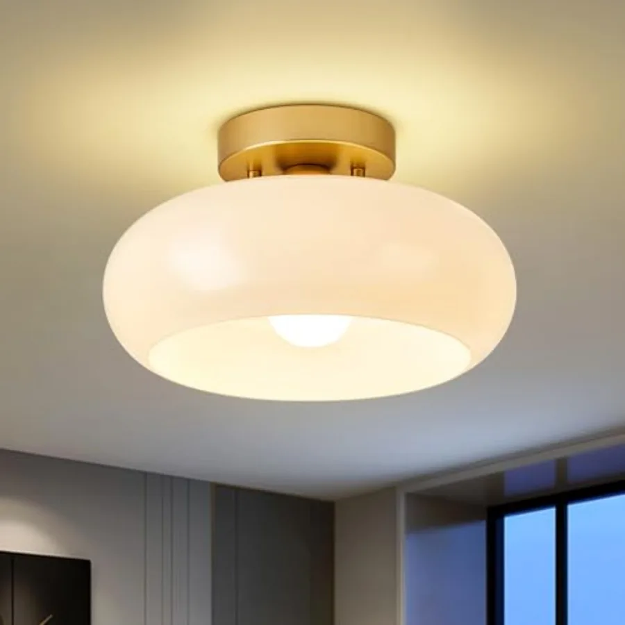 

Mid-Century Modern Semi Flush Mount Ceiling LightWhite Glass Dome Hallway Lighting Fixtures Metal Close to Ceiling Lamp for Ent