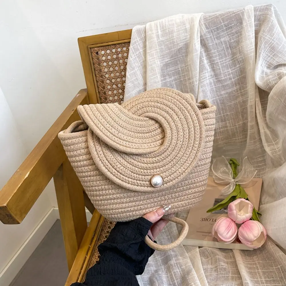 

Sweet Weave Straw Crossbody Bag French Style with Pearl Button Hand-woven Shoulder Bags Cross Design Portable