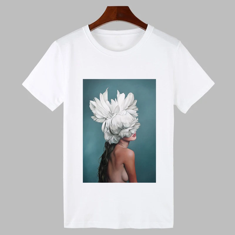 2020 Sexy Flowers Feather Print Harajuku T shirt Women Fashion Tshirt O-neck Short Sleeve T-shirt White Tops Female Clothing