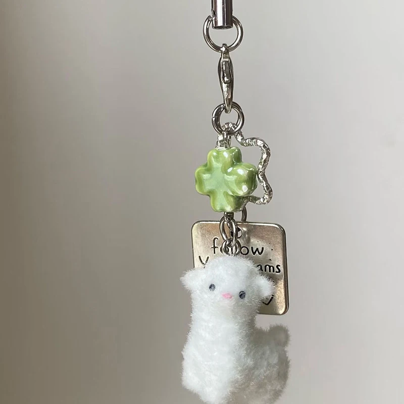 Lucky Small Fluffy Lamb Plush Four-Leaf Clover Cute Keychain Phone Charm Gift Bag Camera Accessory