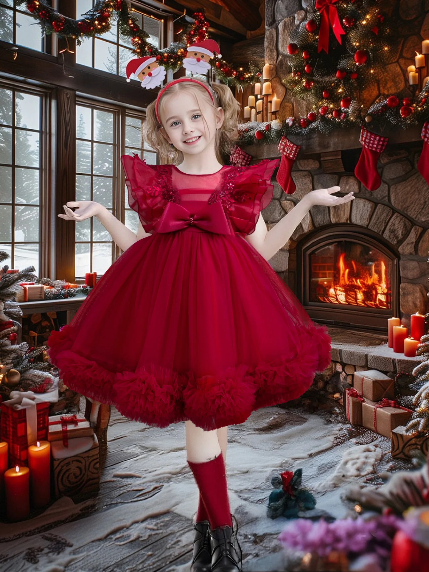 

Elegant Girl Flower Birthday Tulle Dress Christmas Wedding Gown Kids Party Princess Red White Dress Infant dress gown