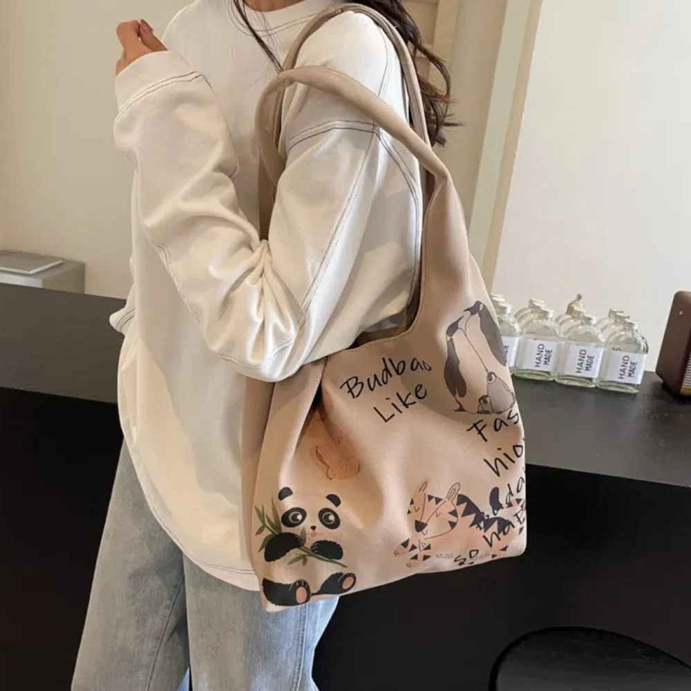 

Large Capacity Illustration Underarm Bag Pattern Tiger Graffiti Canvas Handbag Panda Pastoral Style Cartoon Shoulder Bag Outdoor