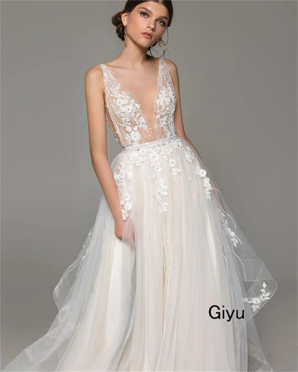 Giyu Fairy Lace Followers Wedding Dress For Woman Backless Deep V-Neck Cap Strap A-line Vestidos Novias Boda Bridal Gown