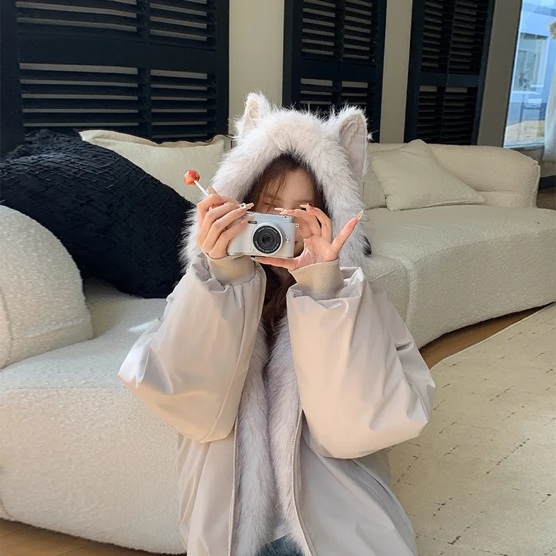 เสื้อแจ็คเก็ตผู้หญิงฤดูหนาวปี 2026 แบบหนา มีปกขนสัตว์ อุ่นสบาย มีซิป ฮู้ด สไตล์คู่รัก แฟชั่นลำลอง ทรงหลวม