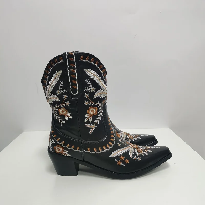 IPPEUM Western Cowboy Boot For Women Brown Ankle Boots Cowgirls Chunky Heels Embroidery White Botas