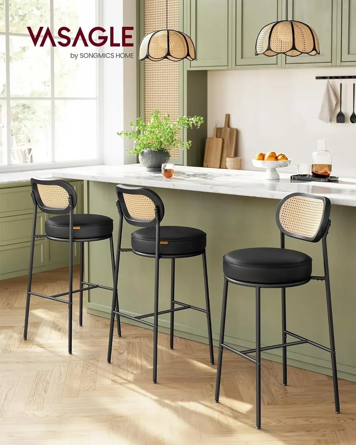 Bar Stools Set of 2,Bar Stool with PE Rattan Back,Synthetic Leather Upholstered Stools for Kitchen Island,30-Inch Bar Chairs