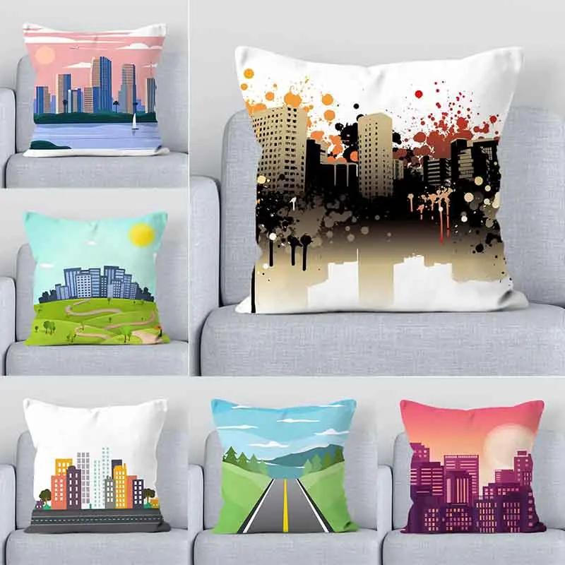 Luxury Home Decoration Pillowcase Car Living Room Sofa Cushion Cover City Road Cartoon Pattern Cushion Cover