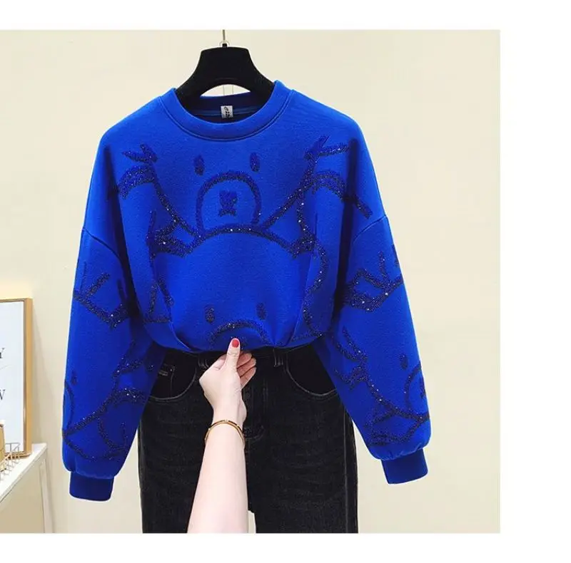 New Blue Bear Sequins Casual Solid O-Neck Long Sleeve Women\'s Hooded Sweatshirts Pullover Korean Fashion Female Hoodies Autumn