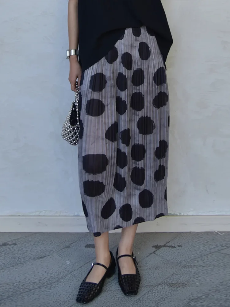 2025 New! Pleated Textured Large Polka Dot Midi Skirt for Women, Casual Elastic High Waist & Loose Fit