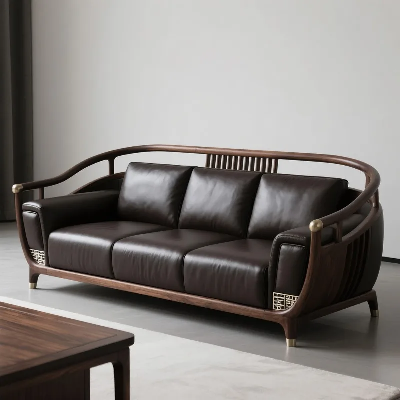 Living room solid wood sofa, modern straight row three-person leather sofa