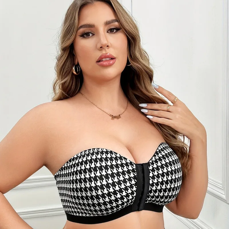 Bra For Woman Strapless Houndstooth Sweet Girl Small Chest Push-up Front Buckle Anti-sagging Bra Without Underwire
