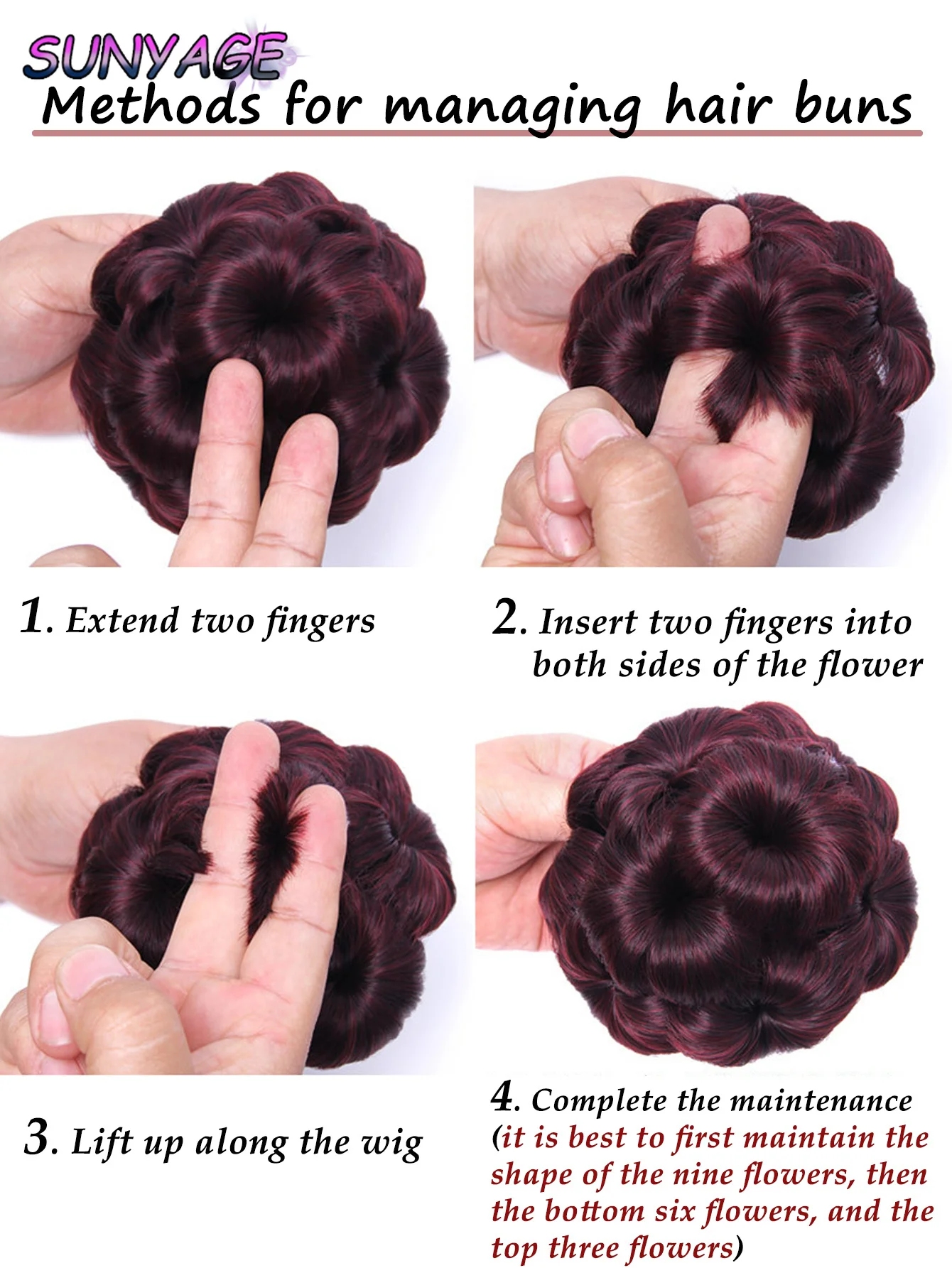 SUNYAGE الاصطناعية ارتفاع درجة الحرارة الألياف العقدة تسعة الزهور الشعر النساء مجعد Chignon كعكة الشعر دونات كليب في هيربيسي