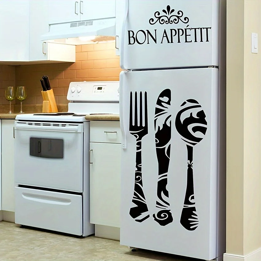 BON APPETIT Kitchen Refrigerator Stickers Waterproof Fridge Wall Sticker Art Mural Wallpaper DIY Knife and Fork Home Decoration