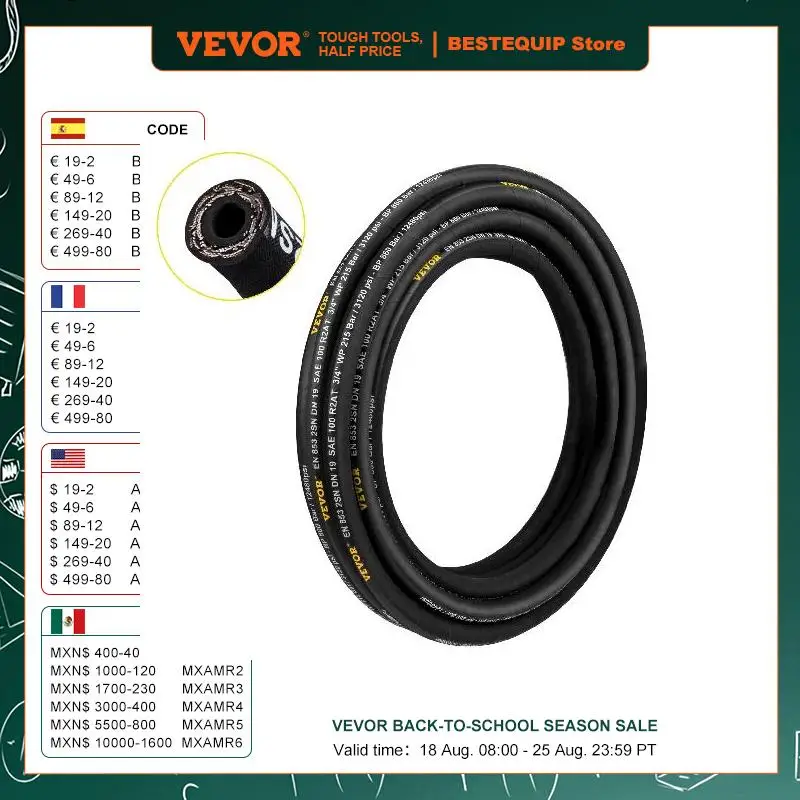 

VEVOR Hydraulic Hose 1/2 inch x 100 ft Coiled Hydraulic Hose 4000 PSI Rubber Hydraulic Hose with 2 High-Tensile Steel Wire Hose