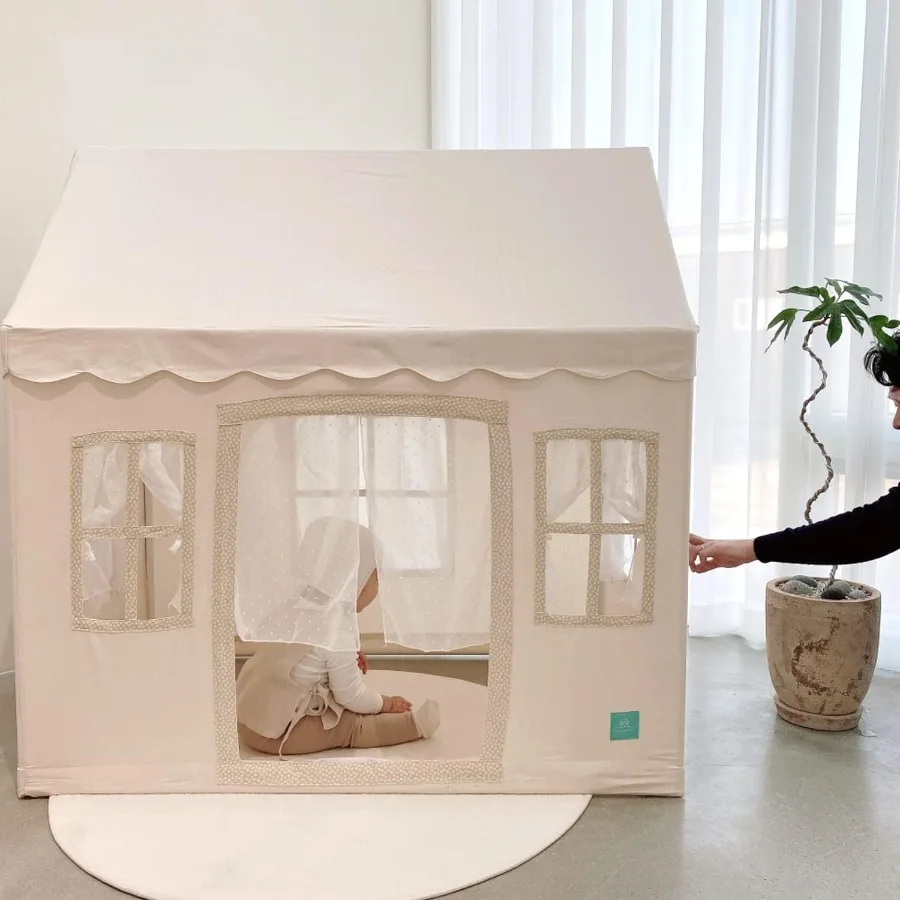Tente de maison de jeu pour enfants avec tissu 100 % coton et 5 fenêtres - Tente de jeu de qualité supérieure faite à la main pour intérieur et extérieur - Légère et
