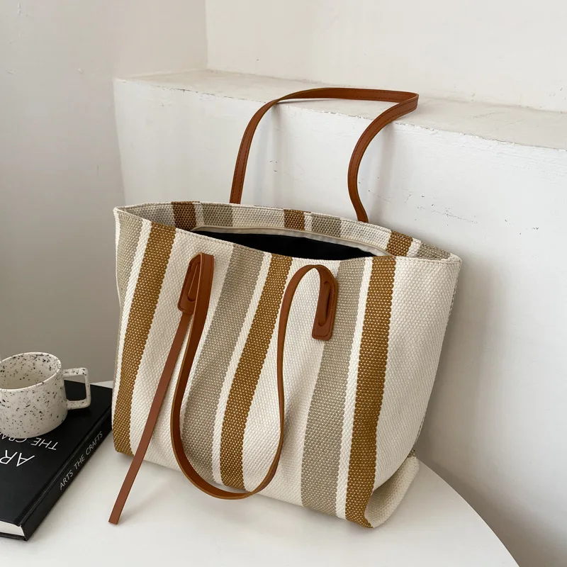 

Korean version large capacity women shoulder bag canvas simple vertical stripe casual tote bag fashion handbag