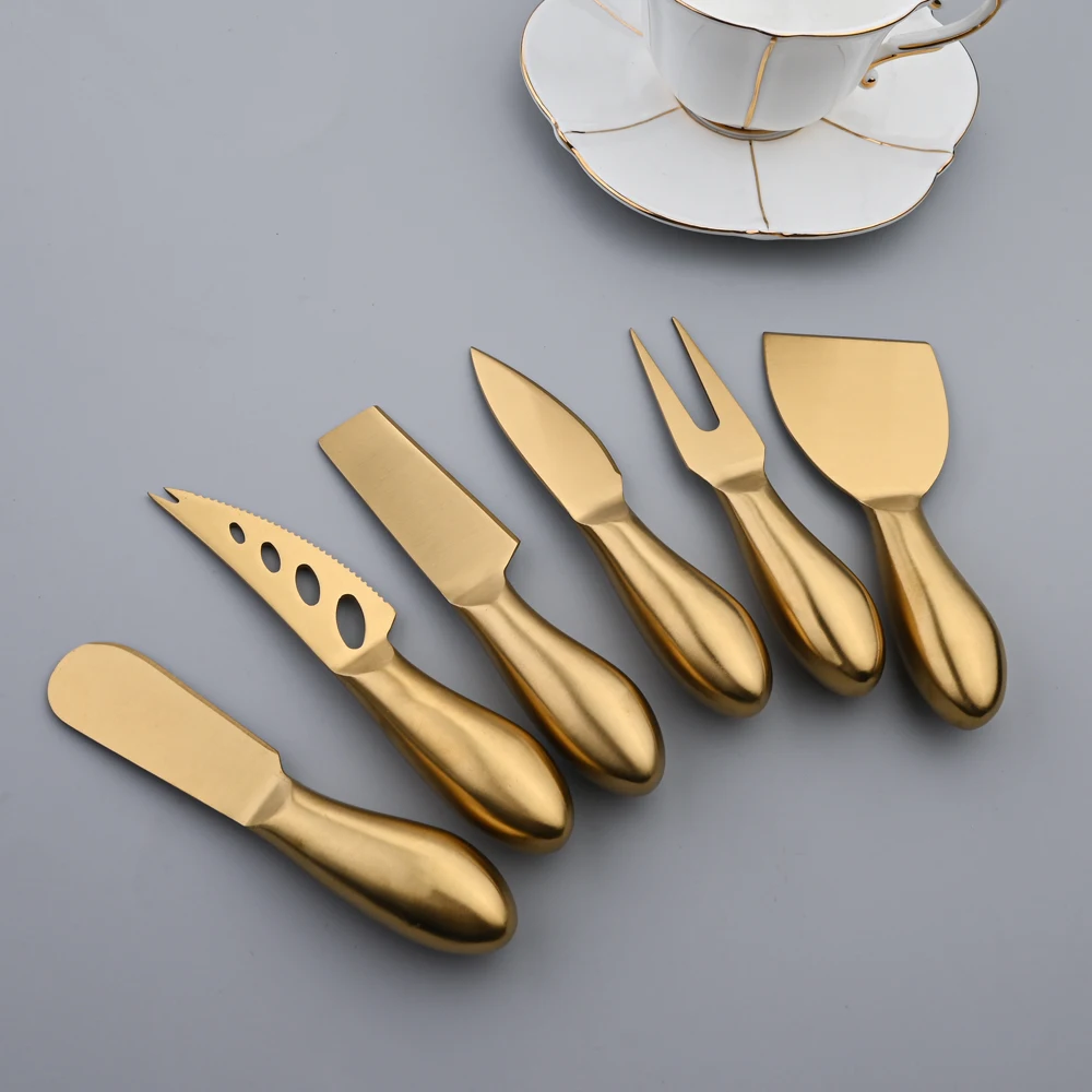 

AJOYOUS Cheese Knife Set Cheese Stainless Steel 6Pcs Gold Cheese Slicer Cutter Handle Mini Knife Butter Knife Spatula Fork Matte