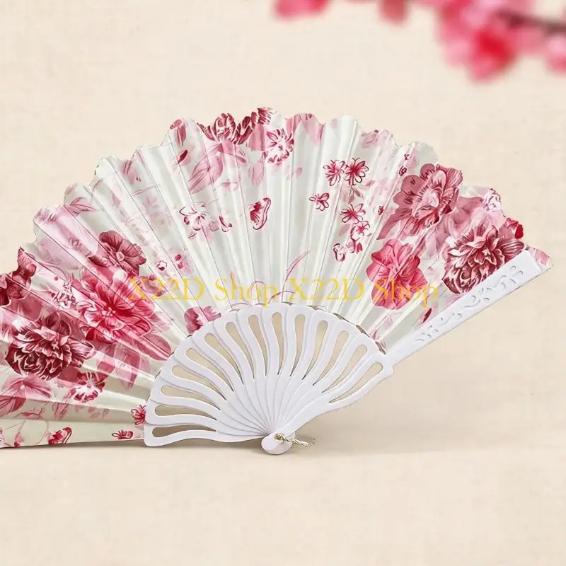 X22D Plastic Folding Hand Fan with Flower Pattern and White Carved Handle for Shop Display, Stage Use and Home Styling