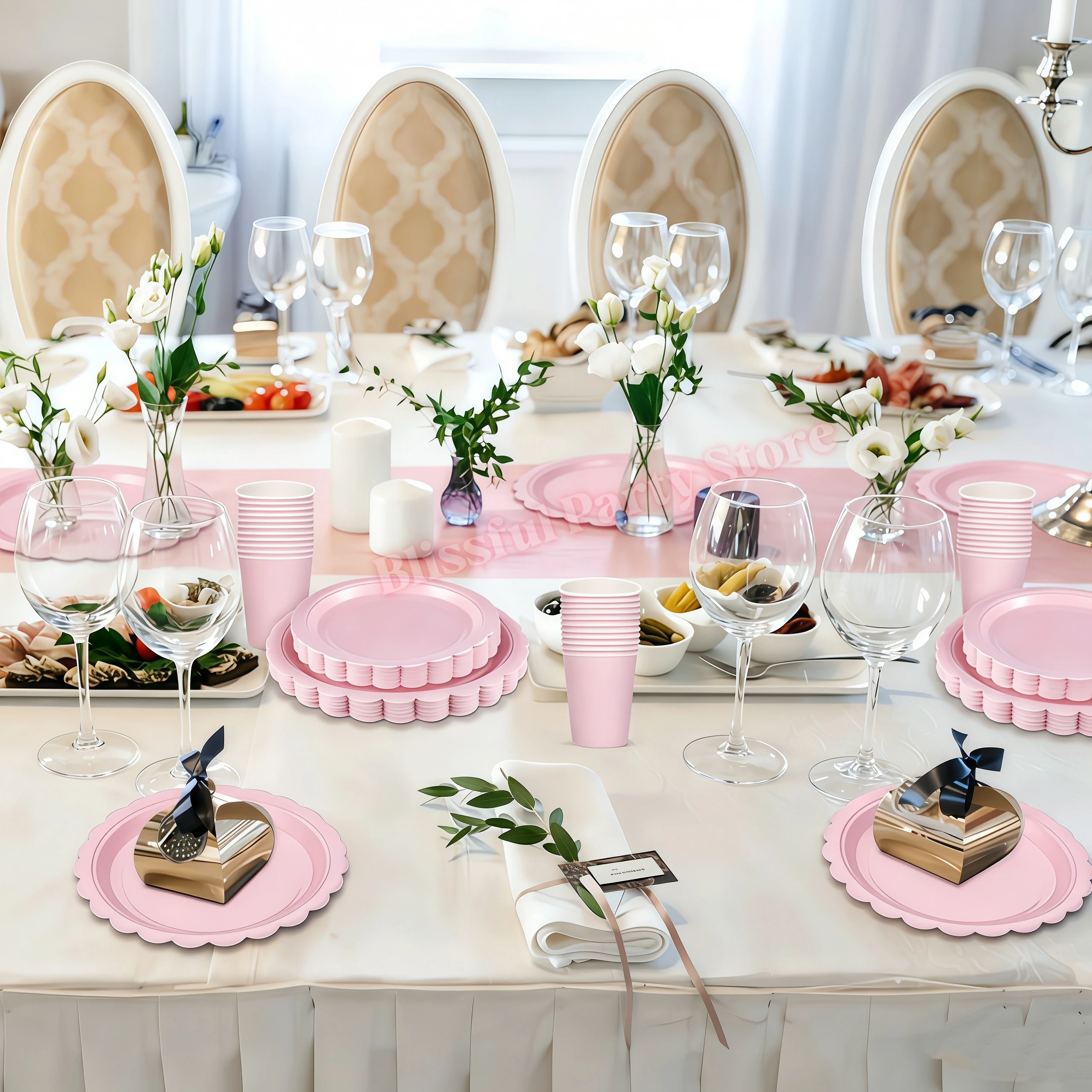 Rosa Partyzubehör Geschirrset Einfarbig Hellrosa Pappteller Becher Servietten für Mädchen Gastgeschenke Babyparty Hochzeitsdekoration – Detail 2
